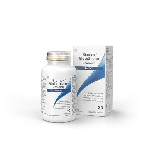 Image of box and bottle of BioMax Liposomal Glutathione 625mg 30vcaps
